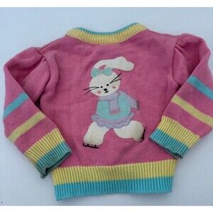 Vintage 90s Toddler Girls Pink Embroidery Bunny Sweater Cardigan Easter 3T